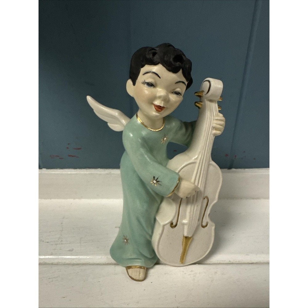 Vintage mid century ceramic Mischievous 5" angel with cello figurine